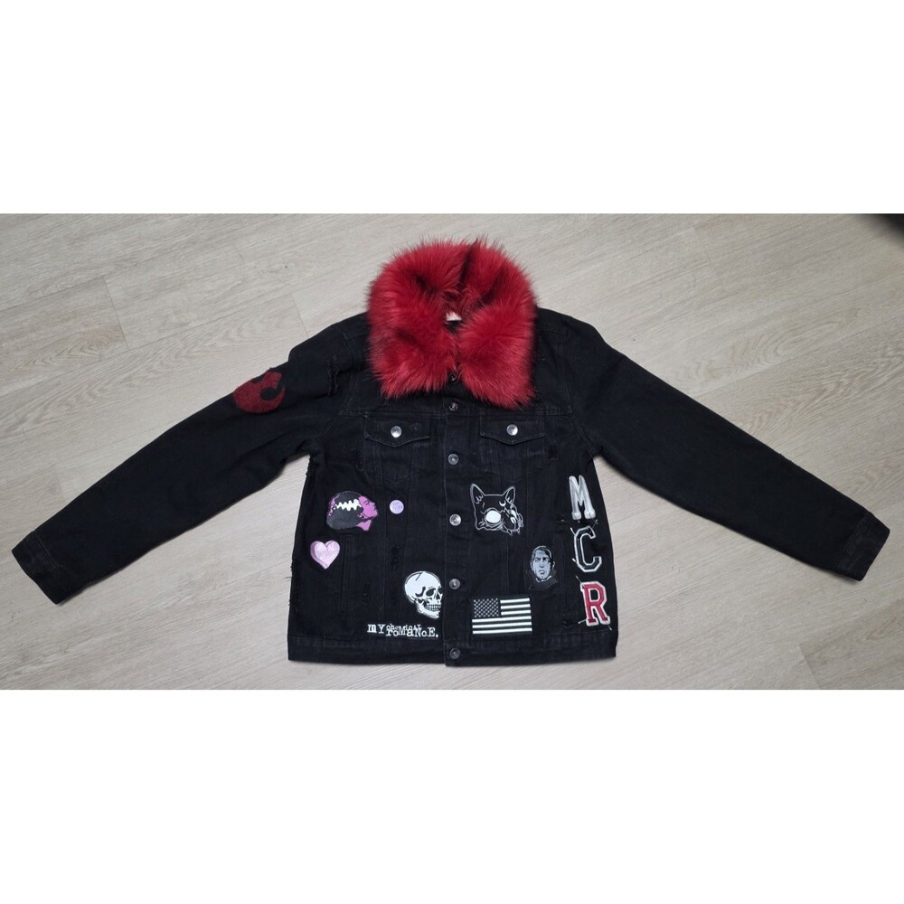 Hot Topic Ci Sono Red Fur Collar Black Denim Jacket Custome Size M